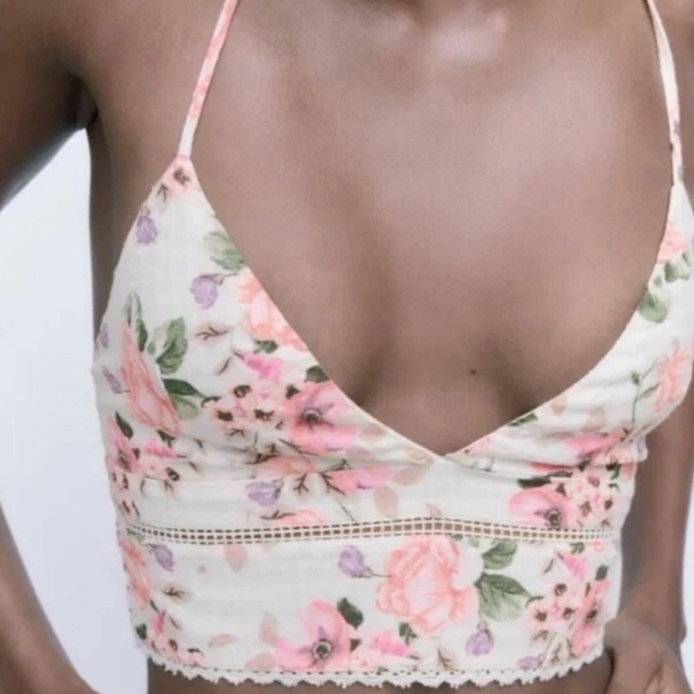 Zara Floral Crisscross Cropped Tie Back crop corset Sz M Wmns NWT - Picture 2 of 9